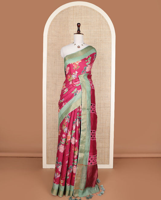Maroon floral motifs printed tussar silk saree, contrast zari bavanji border, and checked pallu