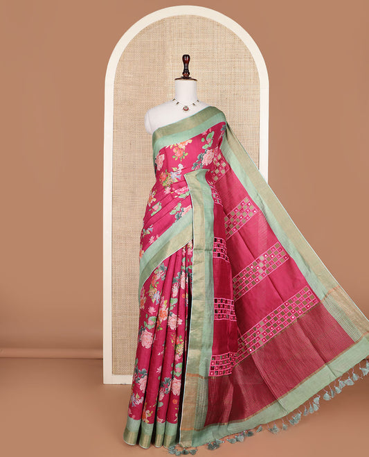 Maroon floral motifs printed tussar silk saree, contrast zari bavanji border, and checked pallu