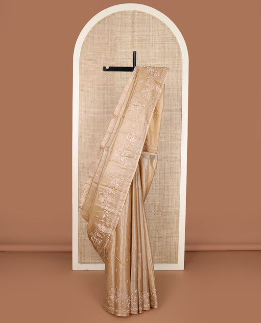 Sandal floral motifs thread embroidered tussar saree, floral embroidered border