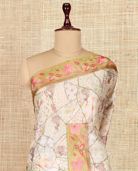 Cream Tusser Silk Saree Features Floral Vine Design, a Contrast Floral Embroidered Border, and a Contrast Blouse