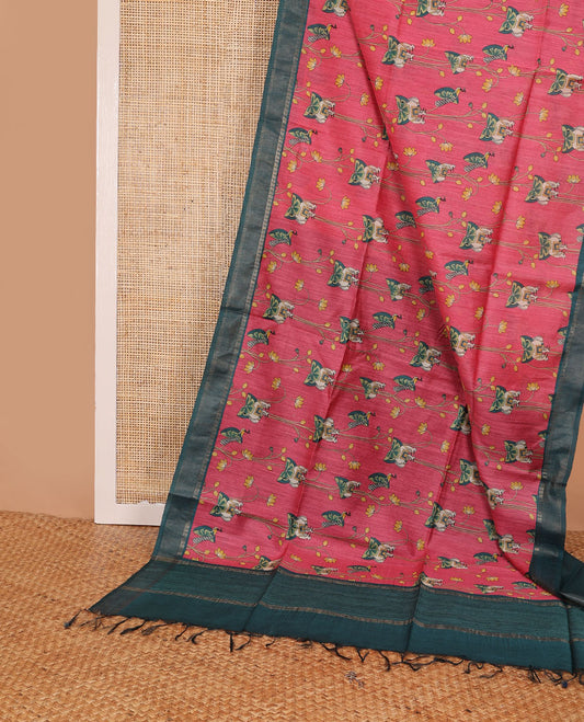 Red pichwai-theme cow, lotus & peacock motifs printed tussar saree, contrast temple border & striped pallu