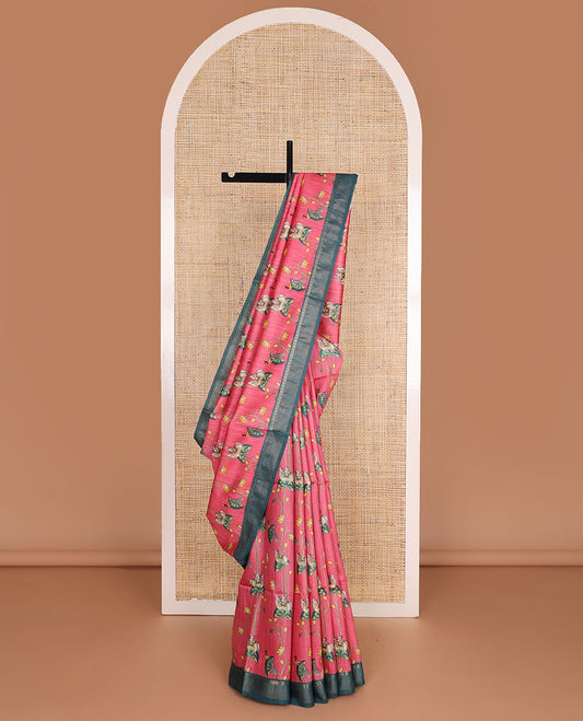 Red pichwai-theme cow, lotus & peacock motifs printed tussar saree, contrast temple border & striped pallu