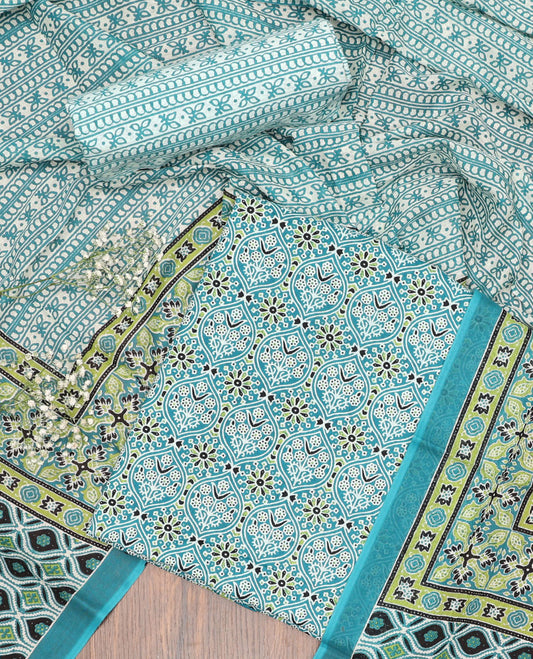 Blue chudidhar material set ogee pattern top with striped floral bottom & floral design dupatta