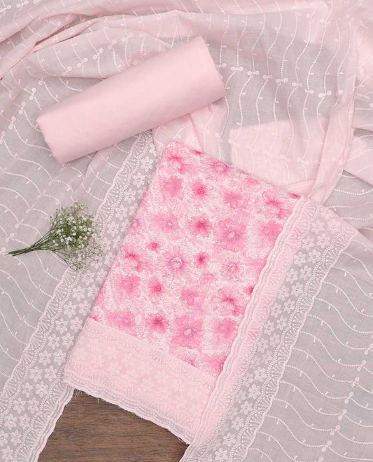 Pink chudidhar material set floral emboridery top, plain botttom & floral vine thread embroidery dupatta