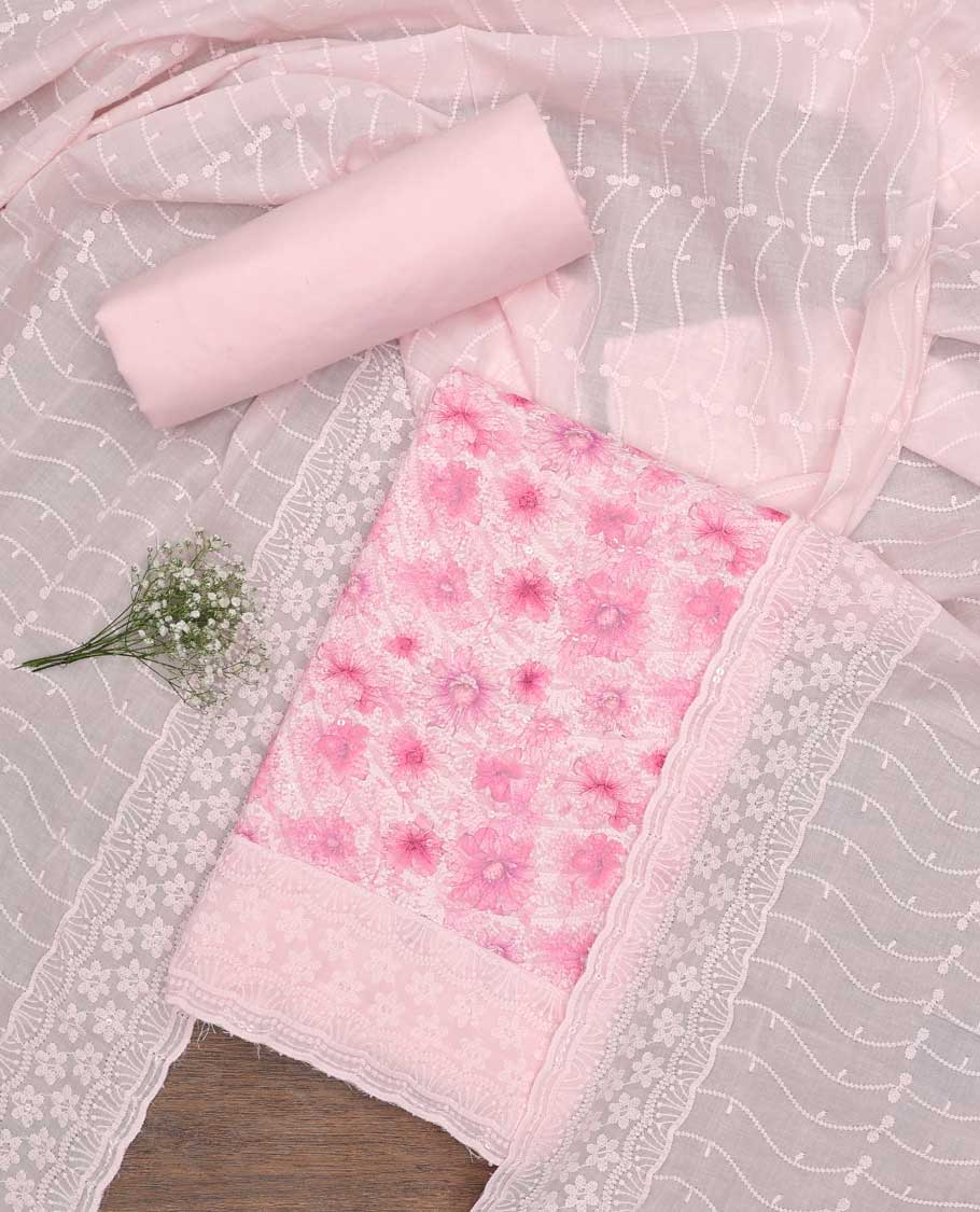 Pink chudidhar material set floral emboridery top, plain botttom & floral vine thread embroidery dupatta