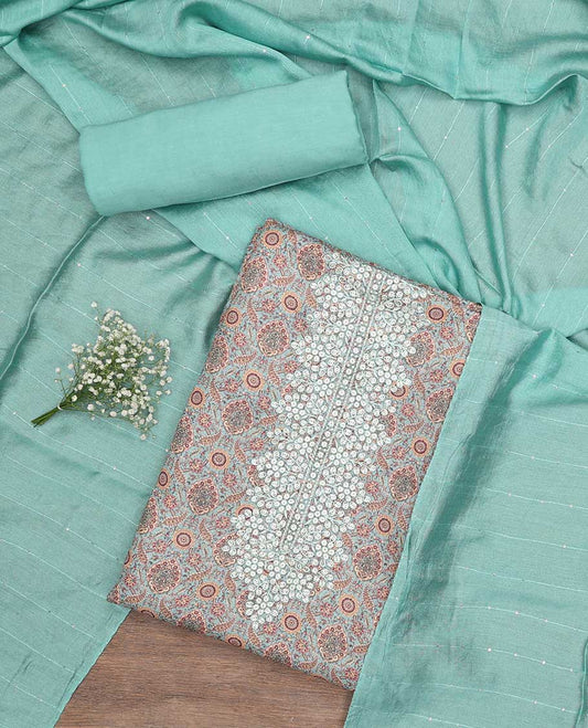 Multi-color chudidhar material set floral embroidery top, contrast plain bottom & blue sequins embroidery dupatta