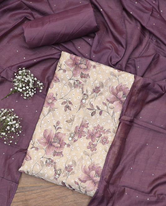 Light sandal material chudidar set, floral printed with thread embroidered top, contrast plain bottom and sequins striped dupatta