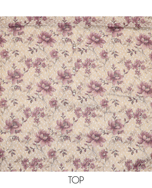 Light sandal material chudidar set, floral printed with thread embroidered top, contrast plain bottom and sequins striped dupatta