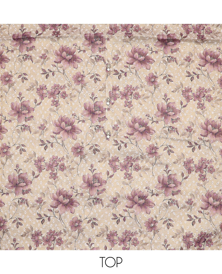 Light sandal material chudidar set, floral printed with thread embroidered top, contrast plain bottom and sequins striped dupatta