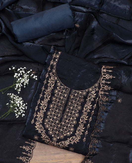 Dark blue material chudidar set, sequins embroidered top, plain bottom, and scallop thread embroidered dupatta