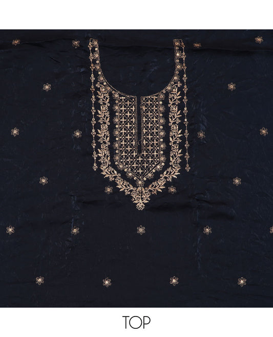 Dark blue material chudidar set, sequins embroidered top, plain bottom, and scallop thread embroidered dupatta