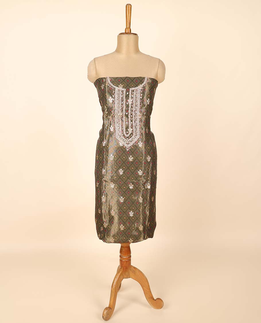 Green material chudidhar set, jaal design & embroidered top, plain bottom & intricate print & zari work dupatta