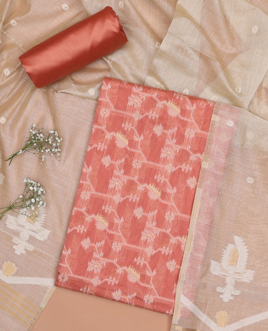 Red chudidhar material set, ikkat floral design top , plain bottom & ikkat floral motifs dupatta
