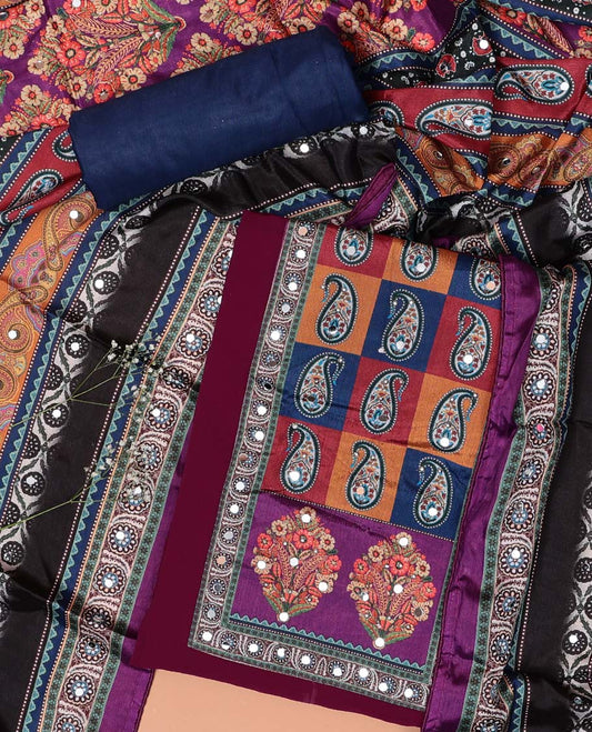 Maroon chudidhar material set  floral thread embroidered with mirror work top, plain bottom & floral design, mirror work dupatta