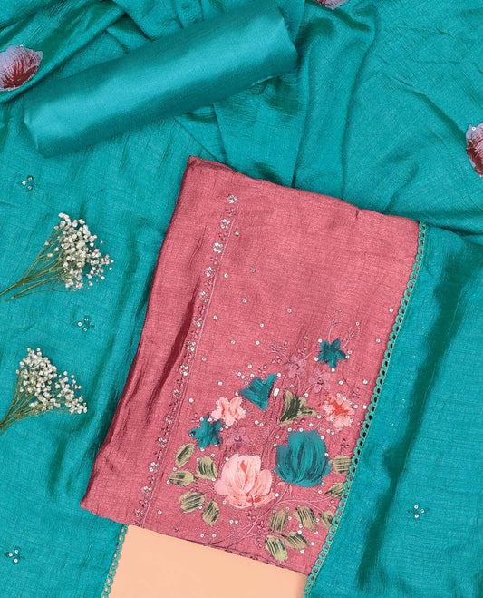 Red chudidhar material set floral design with sequins embroidery top, plain bottom & floral design with sequins embroidery dupatta