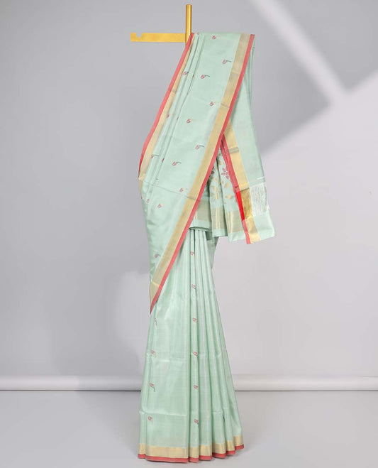 Mint green floral motifs uppada silk saree with contrast zari border & floral vine design pallu