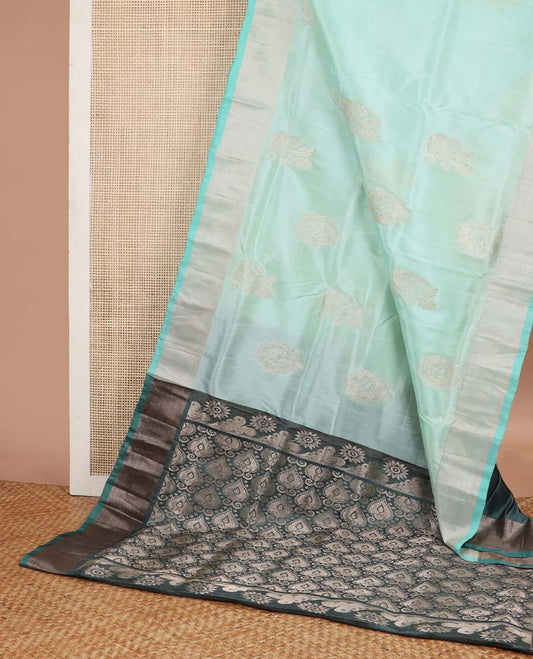 Light blue motifs uppada silk saree with self zari border & floral design pallu