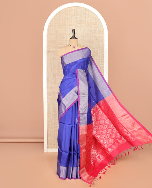 Blue Semi Uppada Saree Decked Up with Zari Buttas, Complemented by a Contrast Bavanji Border, Contrast Pallu Featuring Ogee Patterns, and Paired with a Contrast Blouse