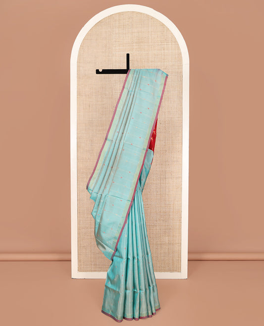 Blue Uppada Silk Saree, Steeped with Meena Buttas All Over Its Body, Subtle Piping Border, Complemented  by Contrast Pallu of Floral Jaal Designs, and Paired with a Contrast Blouse
