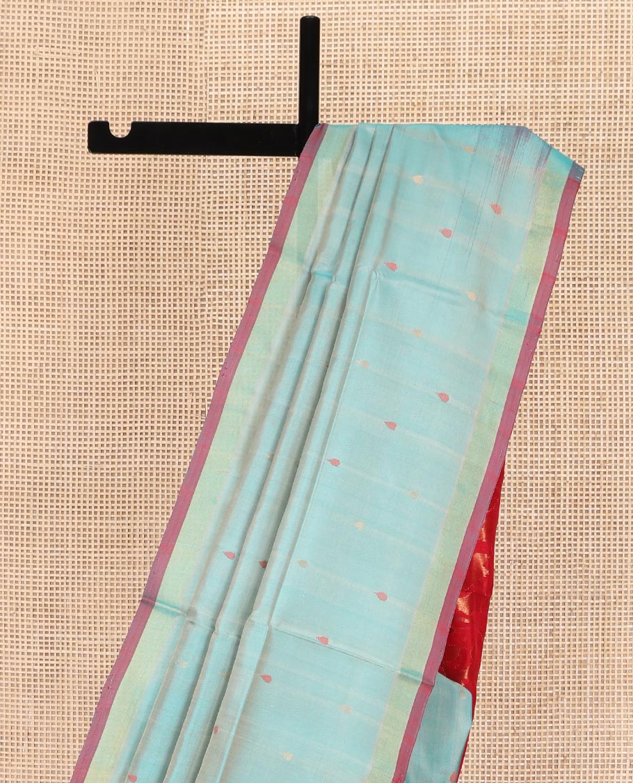 Blue Uppada Silk Saree, Steeped with Meena Buttas All Over Its Body, Subtle Piping Border, Complemented  by Contrast Pallu of Floral Jaal Designs, and Paired with a Contrast Blouse