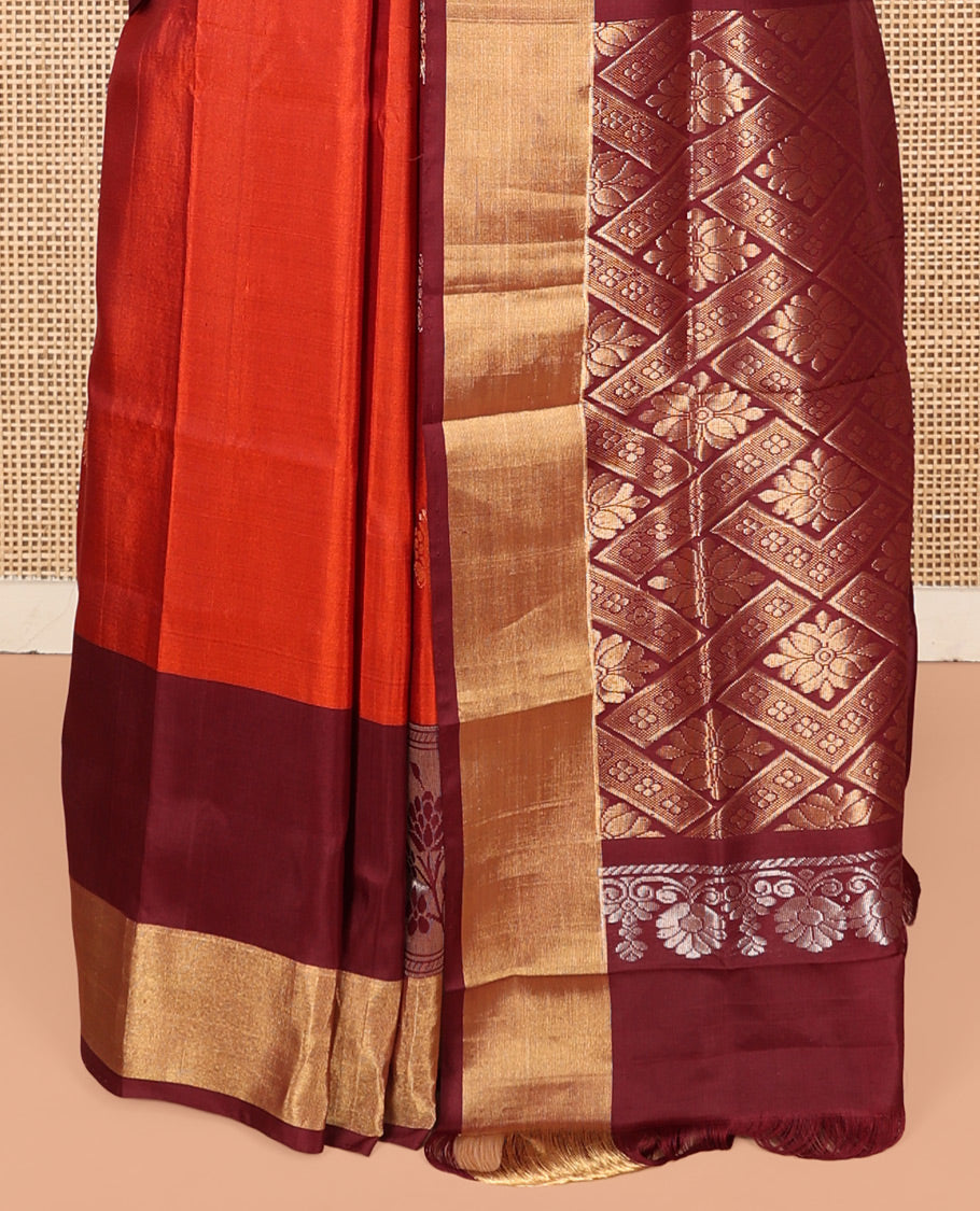 Orange Uppada Silk Saree, Meticulously Crafted with Buttas, Complemented by a Contrast Floral Design Border, Grand Pallu, and a Contrast Blouse