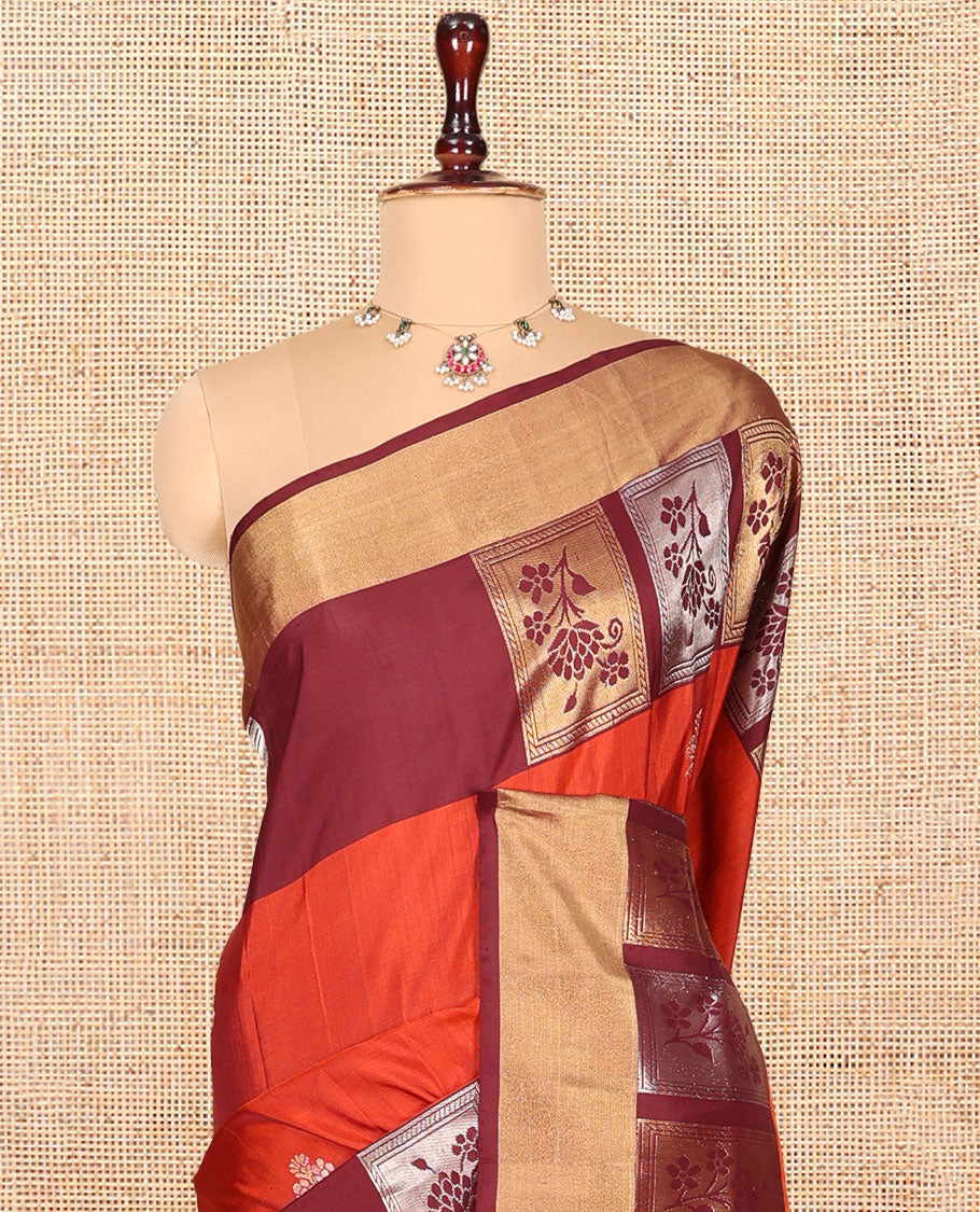 Orange Uppada Silk Saree, Meticulously Crafted with Buttas, Complemented by a Contrast Floral Design Border, Grand Pallu, and a Contrast Blouse
