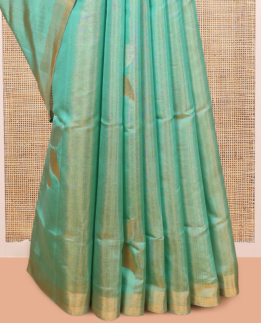 Green Uppada Silk Saree, Accentuated with Floral Vine Zari Buttas, a Zari Border, Complemented by Contrast Grand Pallu of Floral Buttas and a Contrast Blouse
