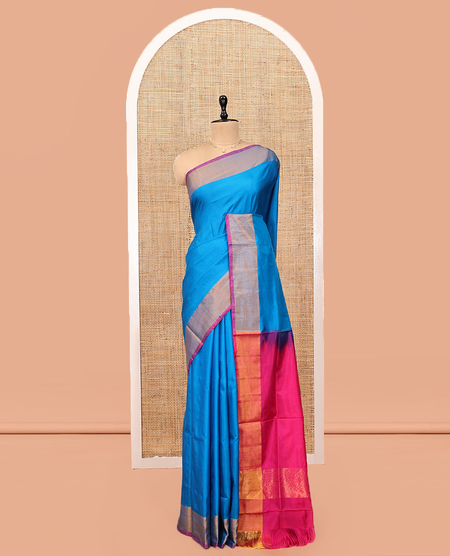 Blue Plain Uppada Silk Saree, Complemented by a Contrast Border, Contrast Zari Pallu, and a Contrast Blouse