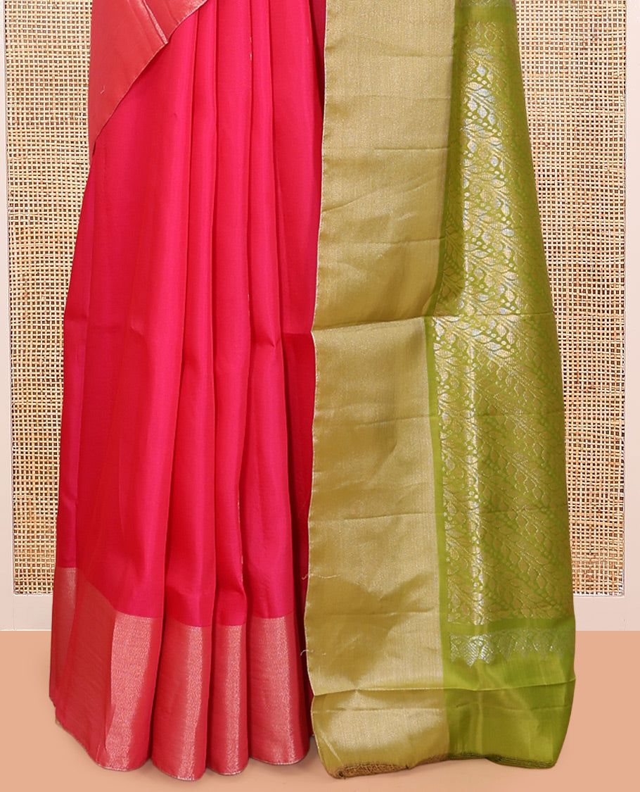 Pink Semi Uppada Saree, Features Zari Buttas, a Bavanji Border, Contrast Leaf Creeper Pallu, and a Contrast Blouse