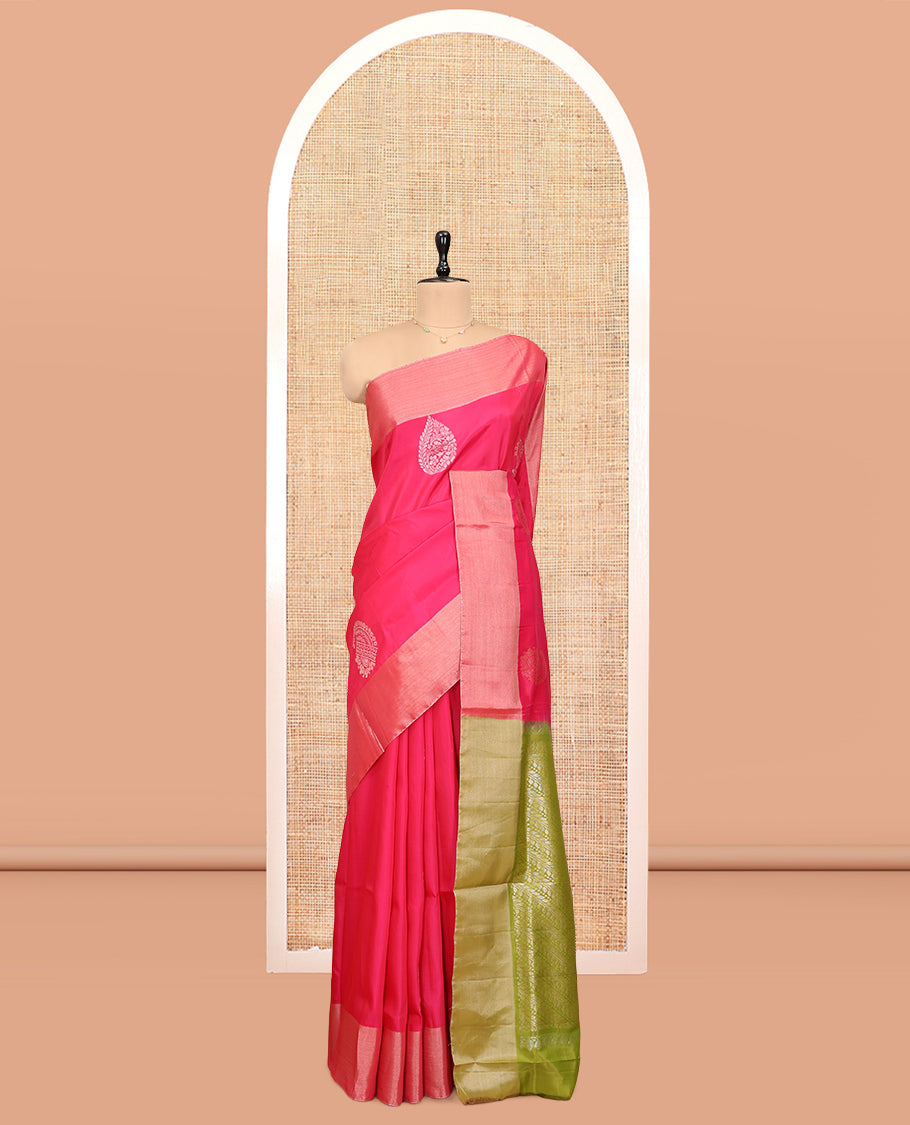 Pink Semi Uppada Saree, Features Zari Buttas, a Bavanji Border, Contrast Leaf Creeper Pallu, and a Contrast Blouse