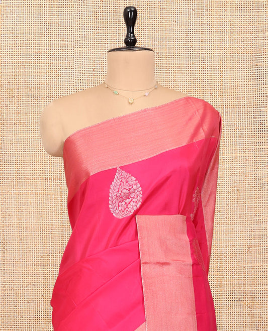 Pink Semi Uppada Saree, Features Zari Buttas, a Bavanji Border, Contrast Leaf Creeper Pallu, and a Contrast Blouse