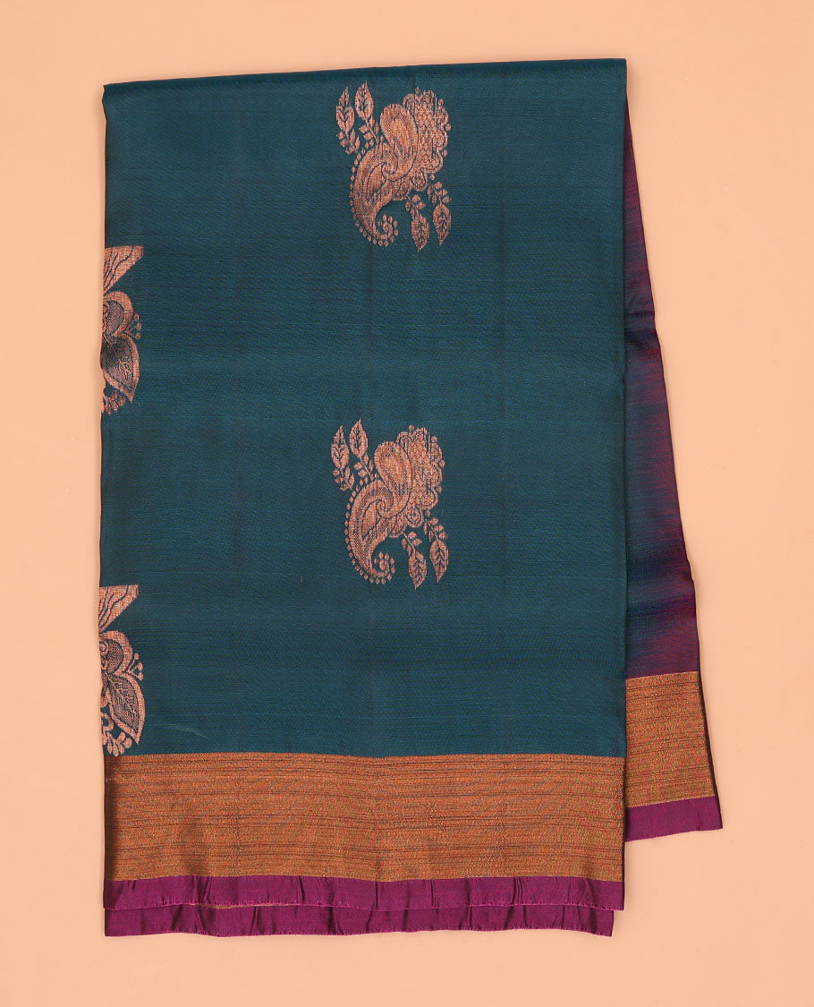 Green floral motifs semi-uppada saree, contrast zari border & zari checked, motifs design pallu