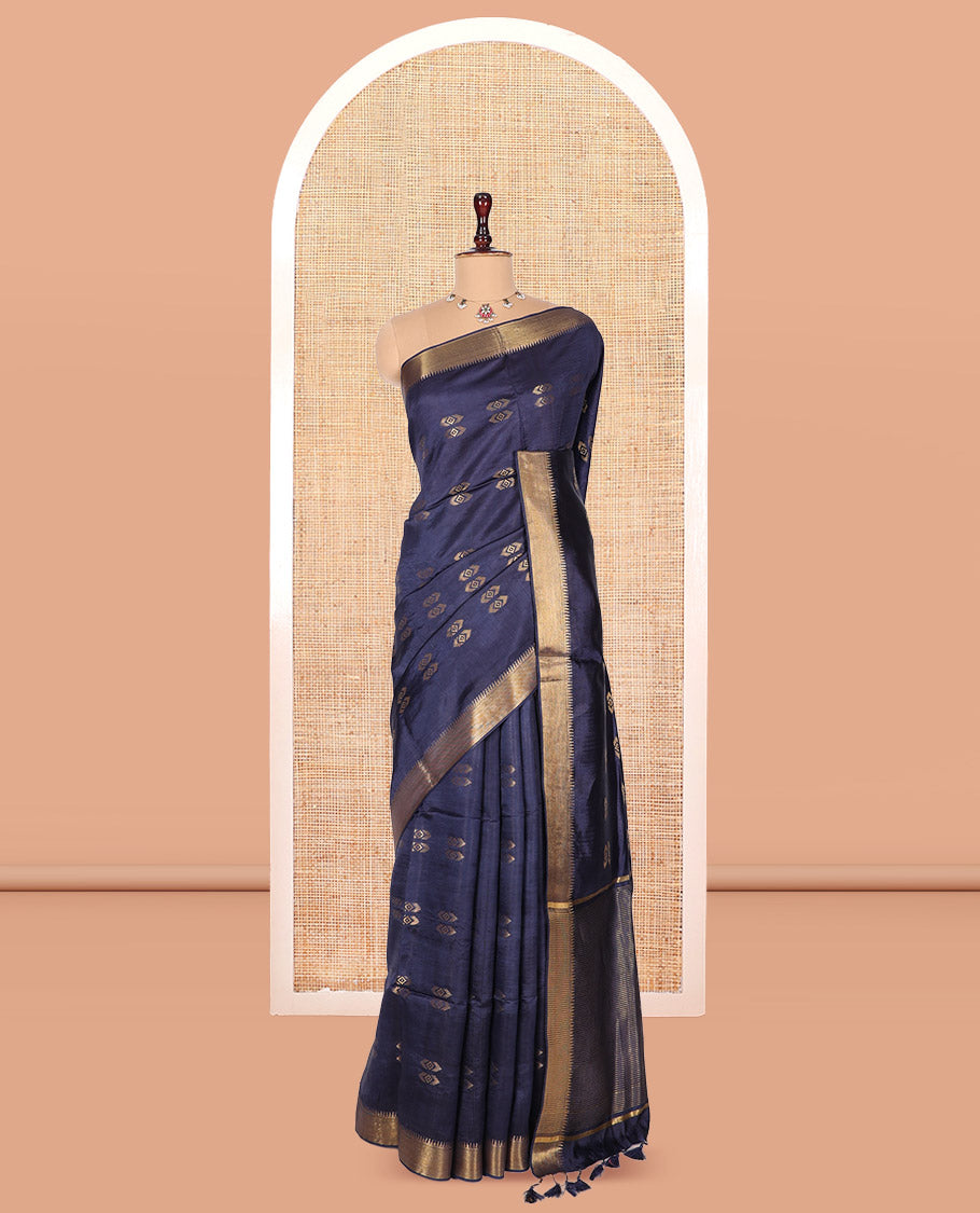 Navy Blue Banana Pith Saree, Embellished with Zari Buttas, a Zari Temple Border, Striped Pallu, and Matching Blouse
