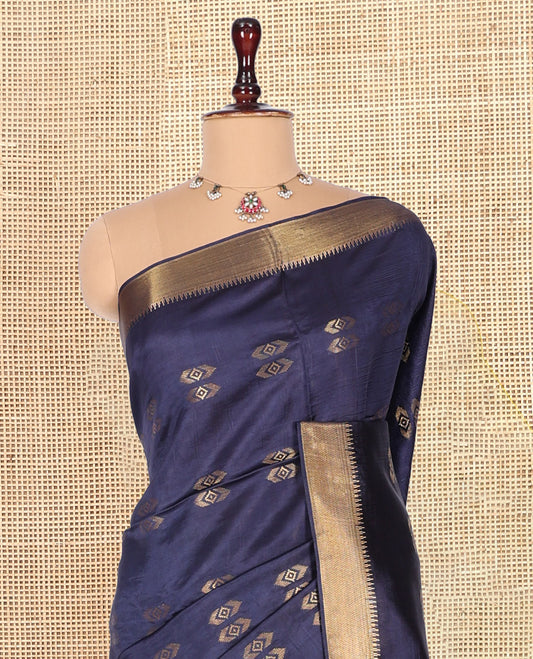 Navy Blue Banana Pith Saree, Embellished with Zari Buttas, a Zari Temple Border, Striped Pallu, and Matching Blouse
