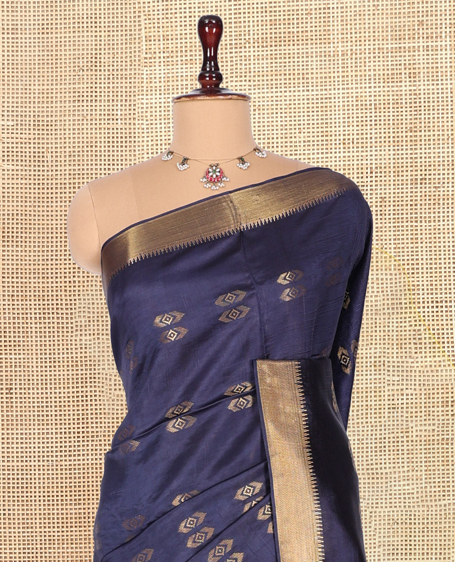 Navy Blue Banana Pith Saree, Embellished with Zari Buttas, a Zari Temple Border, Striped Pallu, and Matching Blouse