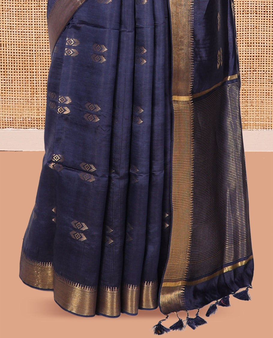 Navy Blue Banana Pith Saree, Embellished with Zari Buttas, a Zari Temple Border, Striped Pallu, and Matching Blouse