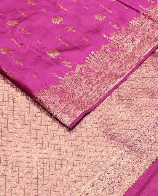 Rani pink zari buttas Vasundhara silk mix saree, zari scallop border of manga & mayil kann & jaal pallu