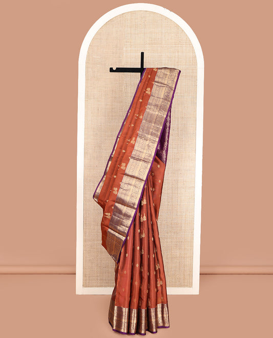 Rust Orange Vasundhara Lite Silk Mix Saree, Detailed with Zari Buttas, Complemented by a Contrast Border of Thilakam, Muthu, Jaal, and Kodi Visiry Designs, Majestically Detailed Pallu, and Paired with a Contrast Blouse