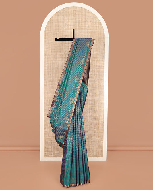 Peacock Blue Vasundhara Lite Silk Mix Saree, Artfully Detailed with Buttas and Mayil Buttas on Its Body, Complemented by a Contrast Piping Zari Border, Grand Jaal Pallu, and Paired with a Contrast Blouse