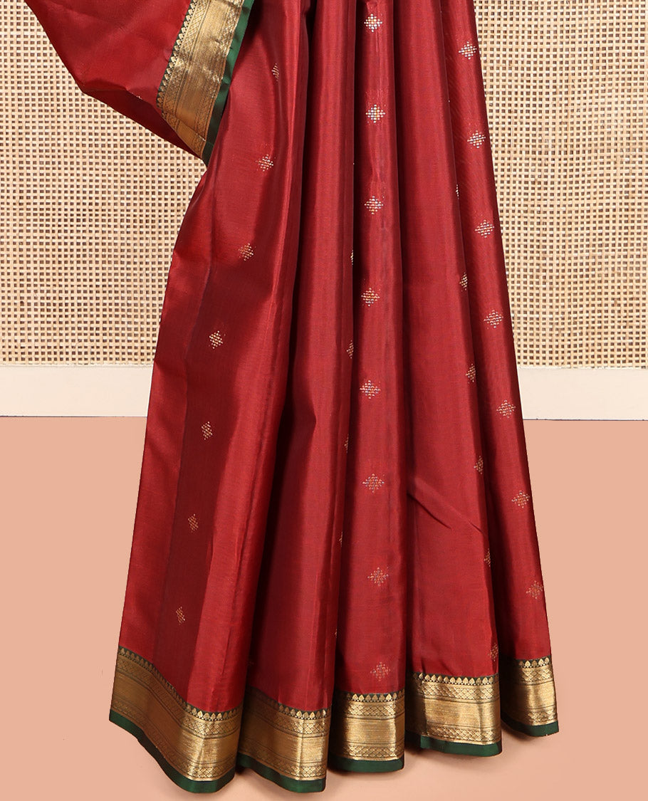 Red Vasundhara Lite Silk Mix Saree, Finely Crafted with Zari Buttas, Complemented by a Contrast Border of Manga, Mayil Kann, and Zari Design, Geometric Pallu, and a Contrast Blouse