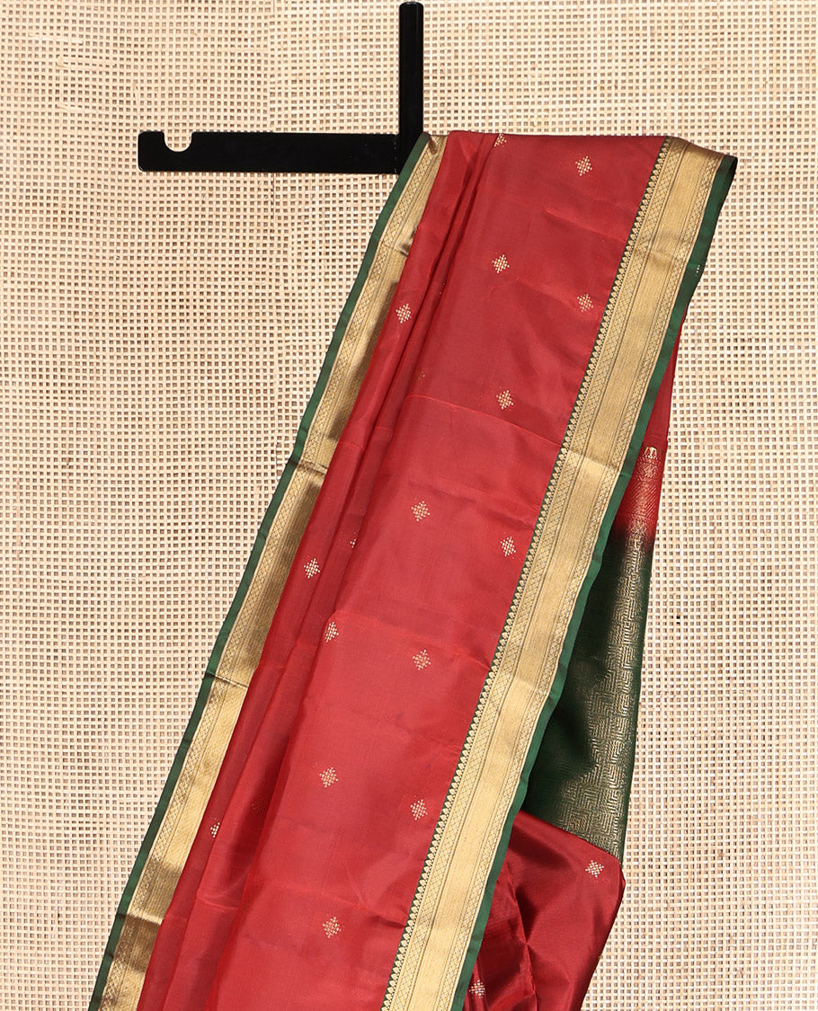Red Vasundhara Lite Silk Mix Saree, Finely Crafted with Zari Buttas, Complemented by a Contrast Border of Manga, Mayil Kann, and Zari Design, Geometric Pallu, and a Contrast Blouse