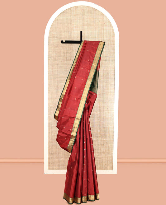 Red Vasundhara Lite Silk Mix Saree, Finely Crafted with Zari Buttas, Complemented by a Contrast Border of Manga, Mayil Kann, and Zari Design, Geometric Pallu, and a Contrast Blouse