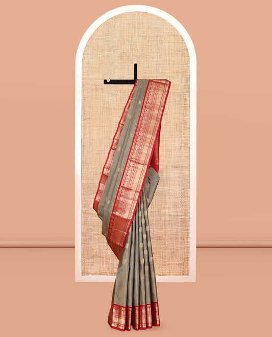 Grey Vasundhara Lite Silk Mix Saree, Woven with Mayil Buttas and Stripes, a Contrast Border of Thilakam Mokku, Manga Mayil, Poun, Mayil Kann, and Vanki, Jaal Pallu, and a Contrast Blouse