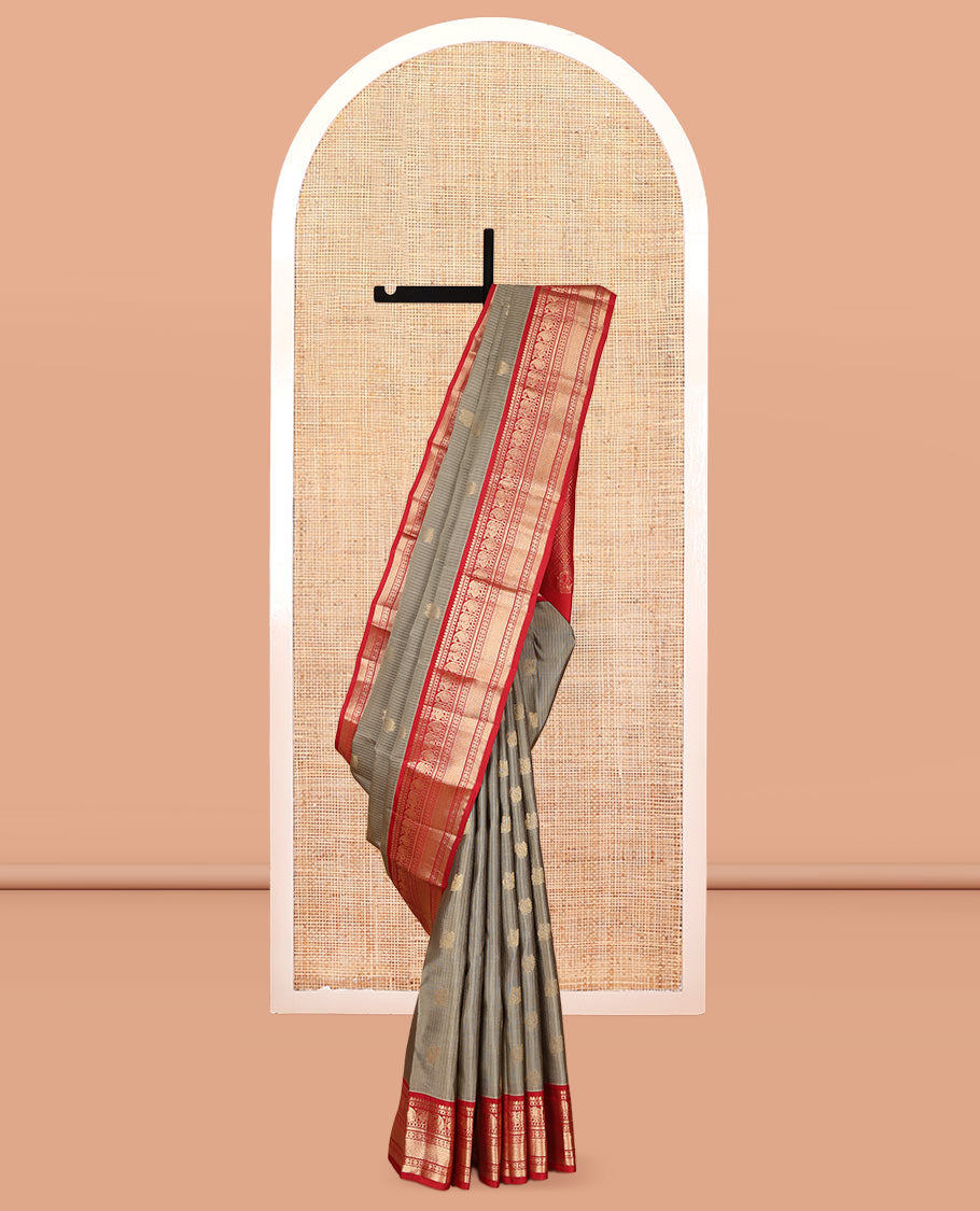 Grey Vasundhara Lite Silk Mix Saree, Woven with Mayil Buttas and Stripes, a Contrast Border of Thilakam Mokku, Manga Mayil, Poun, Mayil Kann, and Vanki, Jaal Pallu, and a Contrast Blouse