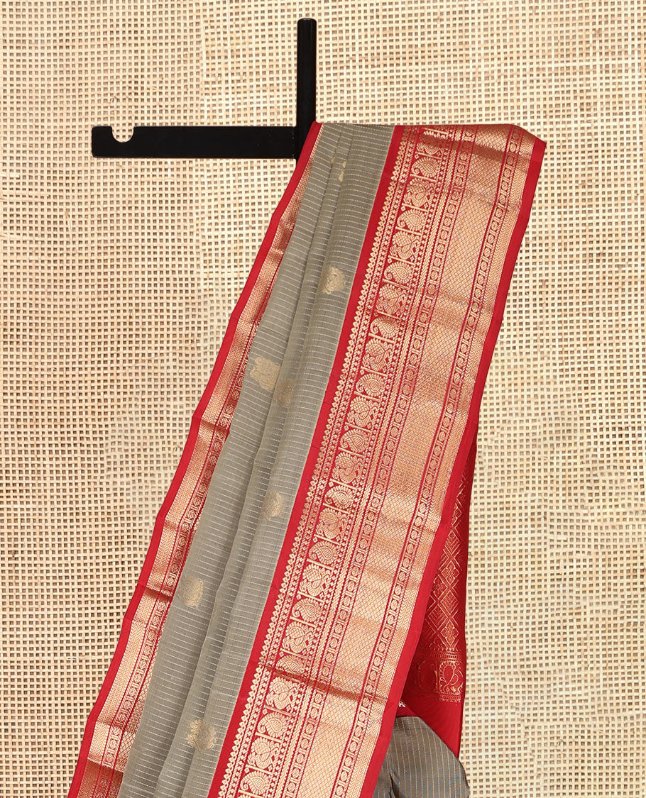 Grey Vasundhara Lite Silk Mix Saree, Woven with Mayil Buttas and Stripes, a Contrast Border of Thilakam Mokku, Manga Mayil, Poun, Mayil Kann, and Vanki, Jaal Pallu, and a Contrast Blouse