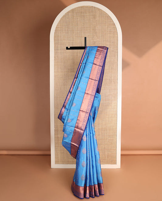 Blue floral buttas vasundhara elite silk saree with contrast intricate zari design border & striped floral design pallu