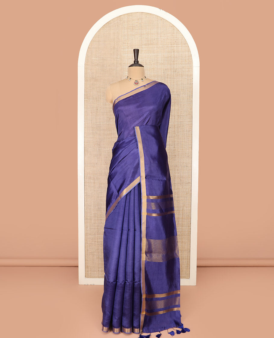 Blue Plain Banana Pith Saree Simply Sparkled with Zari Bavanji Border, Gleaming Zari Stripes Woven Pallu, and Paired with a Matching Plain Blouse