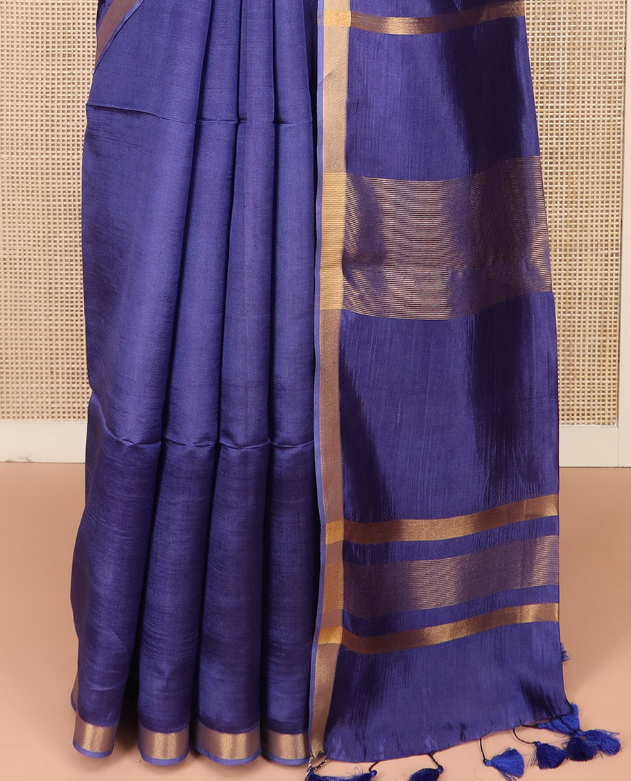 Blue Plain Banana Pith Saree Simply Sparkled with Zari Bavanji Border, Gleaming Zari Stripes Woven Pallu, and Paired with a Matching Plain Blouse