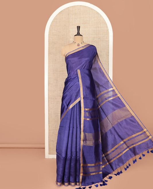 Blue Plain Banana Pith Saree Simply Sparkled with Zari Bavanji Border, Gleaming Zari Stripes Woven Pallu, and Paired with a Matching Plain Blouse