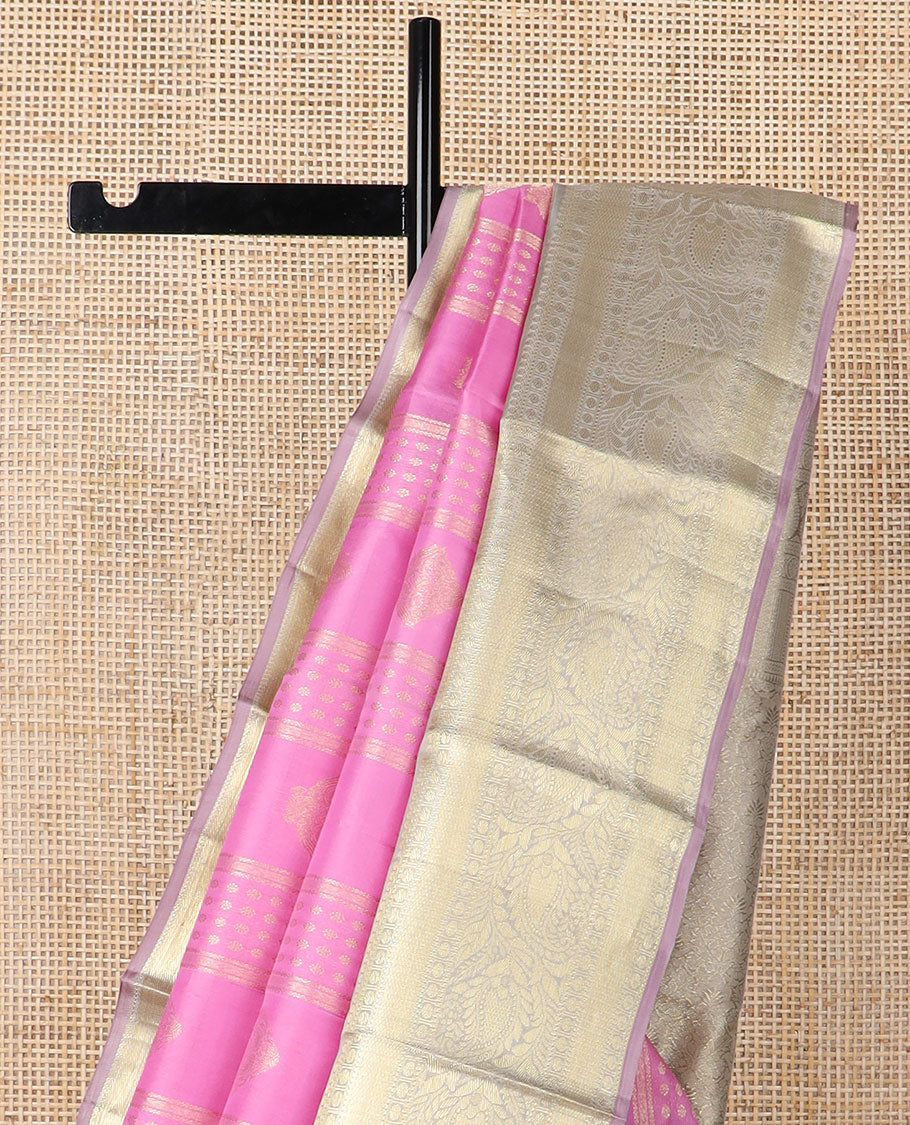 Light pink floral design silk saree with contrast korvai zari design border & intricate zari design pallu